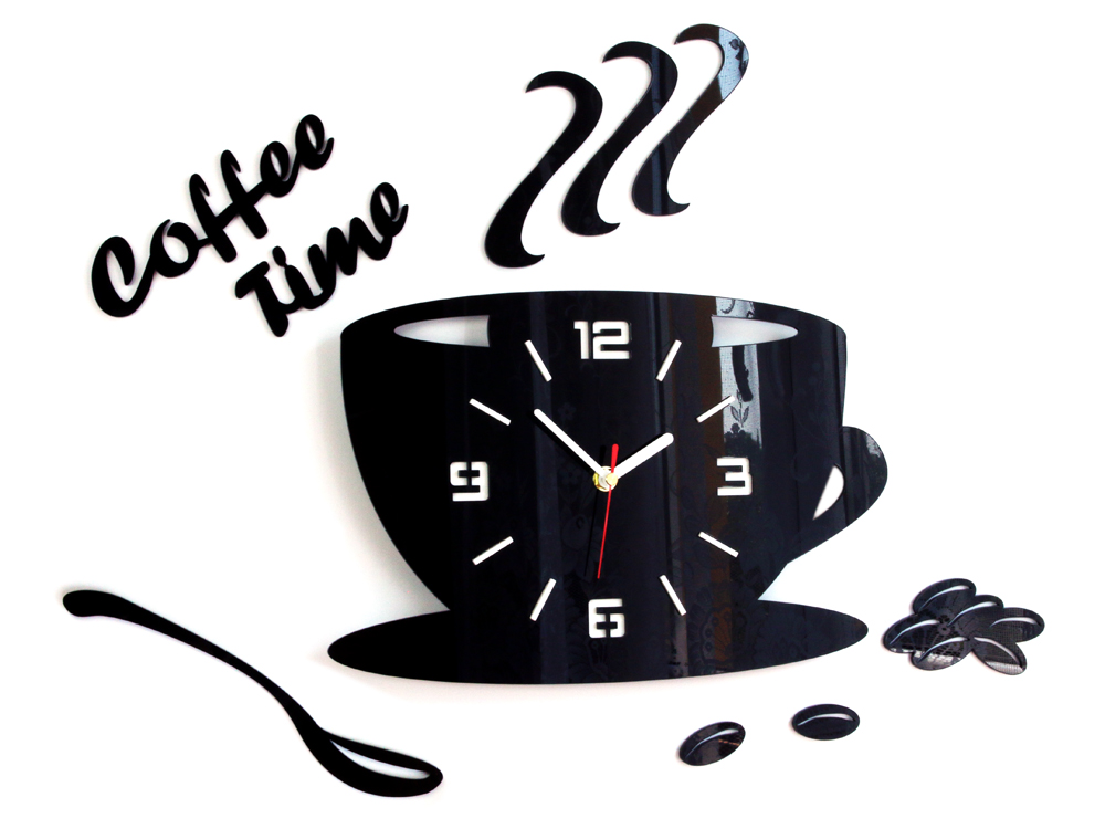 Levně Moderní nástěnné hodiny COFFEE TIME 3D BLACK