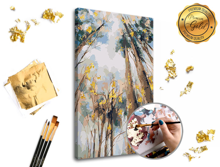 Malování podle čísel PREMIUM GOLD – Mezi stromy - 40x60 cm Sada na malování podle čísel ARTMIE se zlatými plátky
