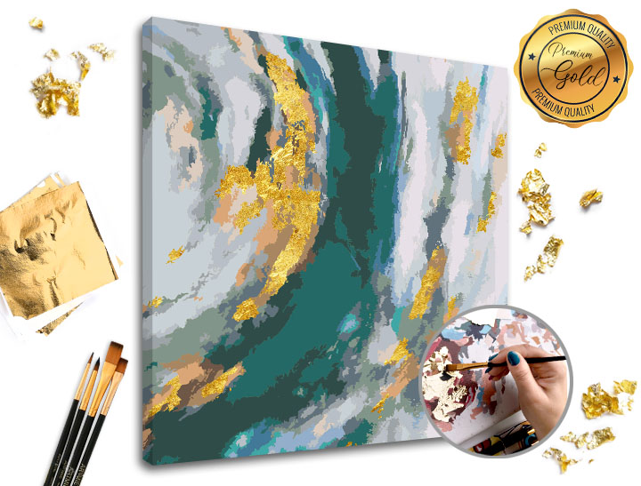 Malování podle čísel PREMIUM GOLD – Tyrkysová fantazie - 50x50 cm Sada na malování podle čísel ARTMIE se zlatými plátky