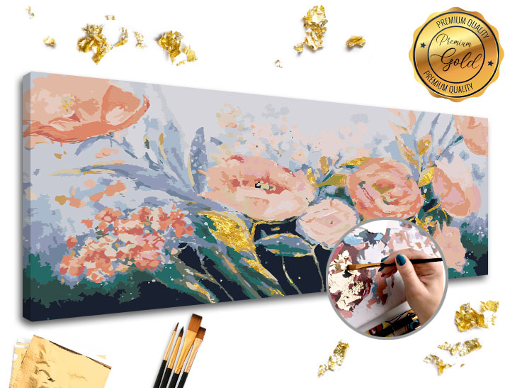Malování podle čísel PREMIUM GOLD – Růžová zahrada - 80x40 cm Sada na malování podle čísel ARTMIE se zlatými plátky