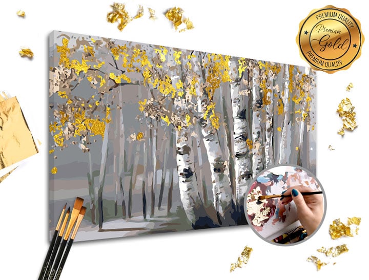 Malování podle čísel PREMIUM GOLD – Březový háj - 60x40 cm Sada na malování podle čísel ARTMIE se zlatými plátky
