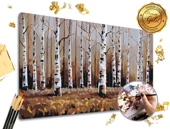 Malování podle čísel PREMIUM GOLD – Březový les - 60x40 cm Sada na malování podle čísel ARTMIE se zlatými plátky