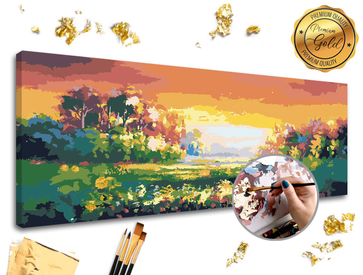 Malování podle čísel PREMIUM GOLD – Pestrobarevná krajina - 80x40 cm Sada na malování podle čísel ARTMIE se zlatými plátky