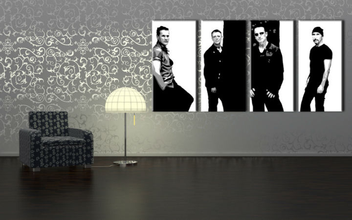 Ručně malovaný POP Art U2 IN BLACK 4 dílný 160x80cm