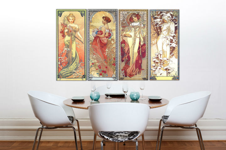 Obraz na plátně 4 dílný Čtyři roční období 120x70 cm - Alfons Mucha 000 REP236 - 120x70 cm 4 dílná reprodukce 120x70 cm (4x30x70cm)