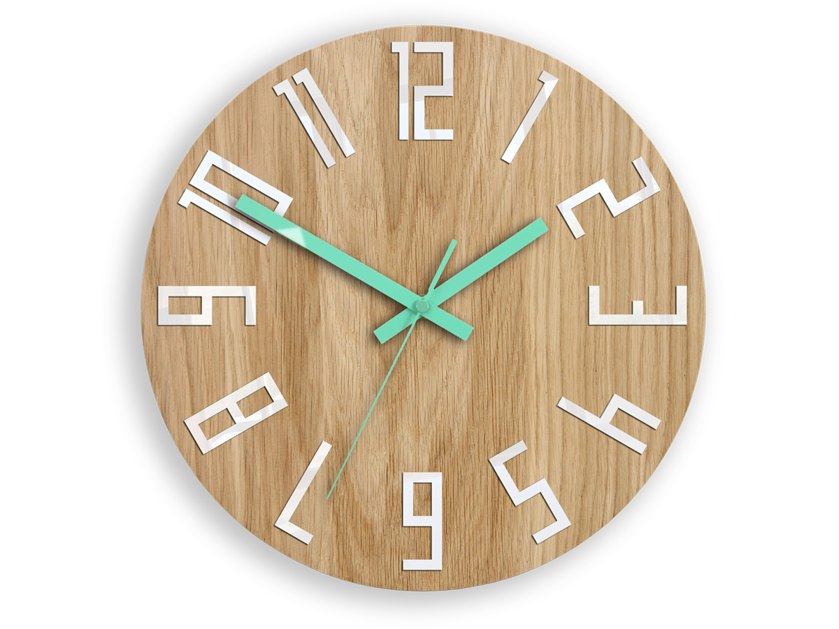 Dřevěné nástěnné hodiny SLIM Bílo-mentolové nástěnné hodiny do obývacího pokoje