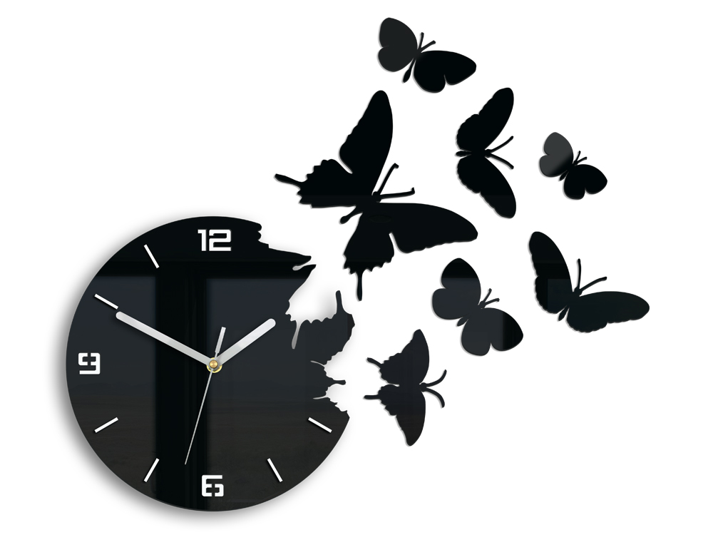 Moderní nástěnné hodiny BUTTERFLIE 3D BLACK NH048 nalepovací hodiny na stěnu